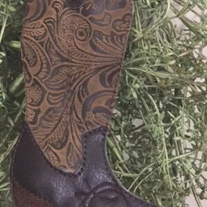 Handmade Cowboy Boot Ornament Looks Like Real Tooled Leather. Cowgirl Boot Made of Dark Brown Vinyl and Polyester image 2