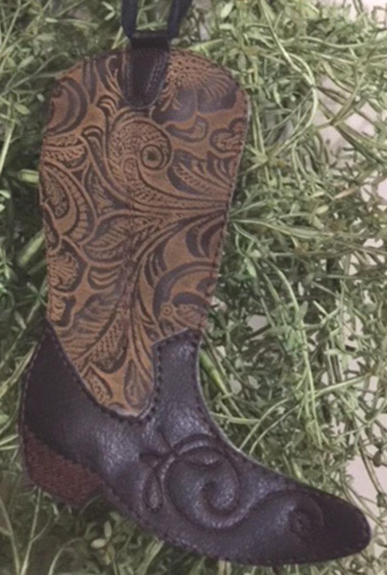 Handmade Cowboy Boot Ornament Looks Like Real Tooled Leather. Cowgirl Boot Made of Dark Brown Vinyl and Polyester image 2