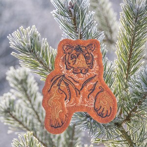 Tiger Christmas Ornament Embroidered on Pumpkin Spice Felt with White, Gold and Black Thread. Elegant Holiday Decor for Tiger Lovers!