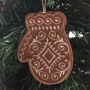 Set of 9 Dark Gingerbread Christmas Cookie Ornaments. Felt Gingerbread Cookies with White Embroidered Icing Designs and Twine Hanging Loops. image 8