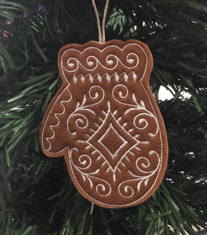 Set of 9 Dark Gingerbread Christmas Cookie Ornaments. Felt Gingerbread Cookies with White Embroidered Icing Designs and Twine Hanging Loops. image 8