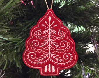 Red and White Christmas Tree Ornament Embroidered on Felt.