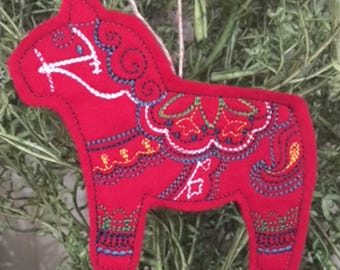 Swedish Dala Horse Christmas Ornament Embroidered on Felt. Sweden Dalecarlian Horse. Red Felt with Colorful Embroidery Designs.