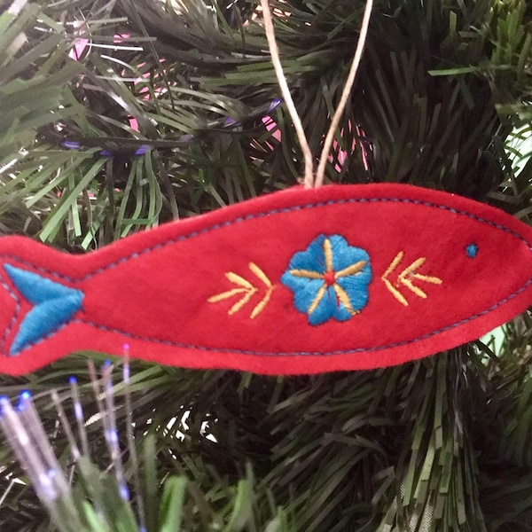 Swedish Fish Christmas Ornament Embroidered on Red Felt with Aquamarine, Gold and Red Threads. Nordic Holiday Decor.
