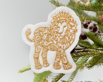 Swirly Lion Ornament Embroidered on White Felt with Gold Thread. Safari, Zoo Animal Gift for Adults or Children with a Love of Lions!