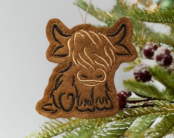 Scottish Highland Cow Ornament Embroidered on Brown Felt with Black and Tan Threads. Cute Highland Bull.