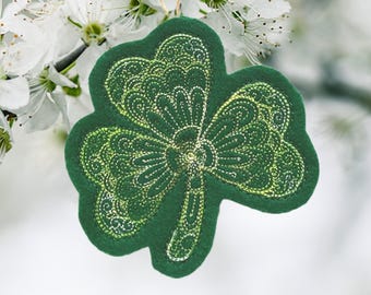 St. Patrick's Day Irish Shamrock Ornament Embroidered with 3 Thread Colors on Dark Green Felt.