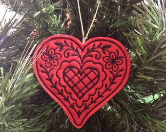 Red and Black Heart Ornament Embroidered on Felt. Valentines Day Decor or Gift Tag.