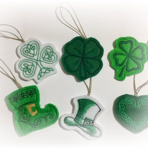 St. Patrick's Day Mini Ornaments in Set of 6 or Singles. Irish Celtic Knot Shamrock and Heart, 4 Leaf Clovers, Leprechaun Boot and Hat.
