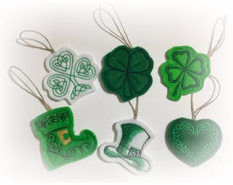 St. Patrick's Day Mini Ornaments in Set of 6 or Singles. Irish Celtic Knot Shamrock and Heart, 4 Leaf Clovers, Leprechaun Boot and Hat.