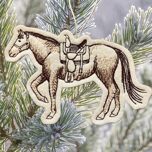 Horse with Saddle Christmas Ornament Embroidered on Cream Felt with Shades of Brown Threads. Horse Lover Gift, Farm Animal, Horse Rider Gift