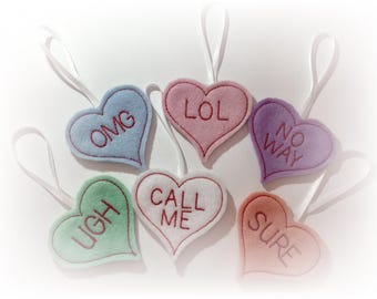 Valentines Day Mini Heart Ornaments in Sets of 6 or Singles. Valentine Gift Tags Embroidered on Felt. Valentine Heart Ornaments.
