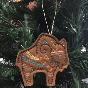 Southwest Buffalo Ornament. Felt Bison Ornament Embroidered on Camel Tan Brown Felt with Colorful Stitching. image 2