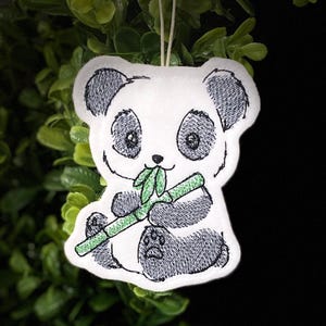 Baby Panda Bear Ornament Embroidered on White Felt with Charcoal, Black and Green Threads. Cute Chinese Panda Eating Bamboo.