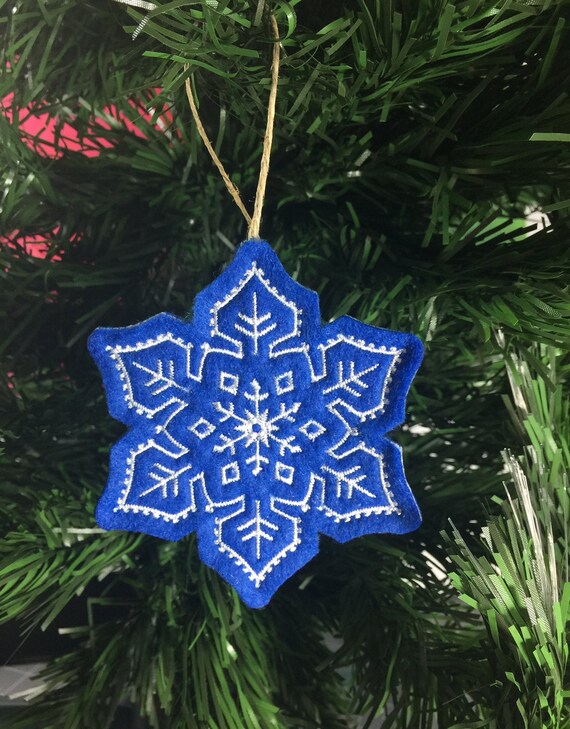Mini Snowflake Ornaments Embroidered on White Felt With Blue