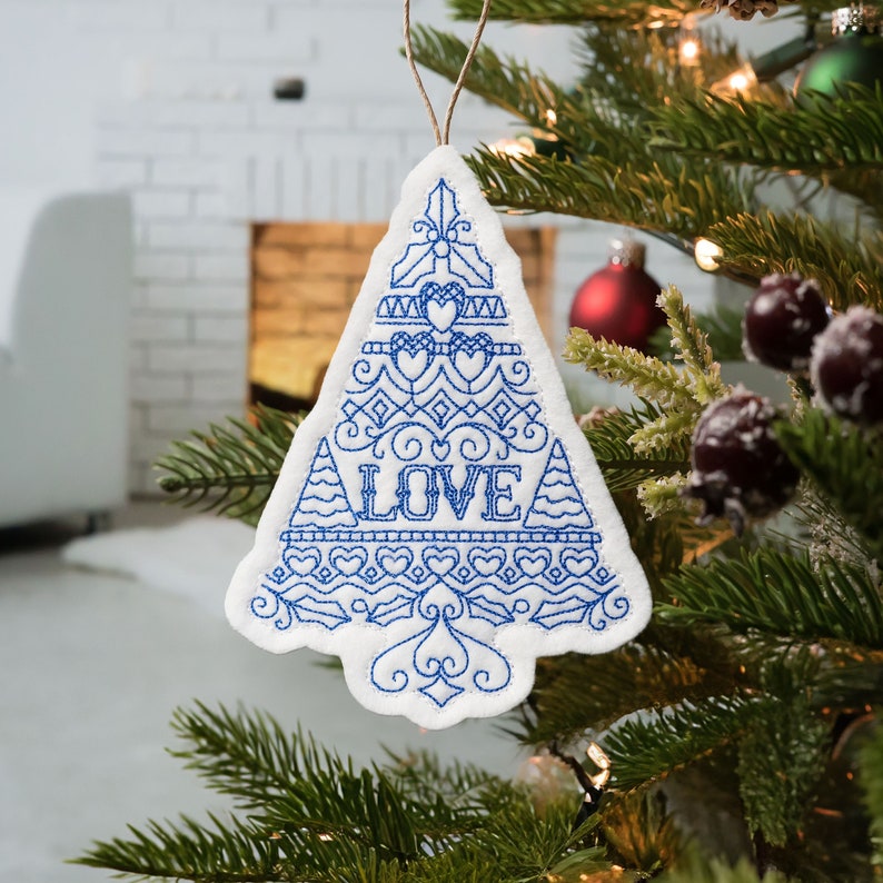 Folk Art Tree Ornament with LOVE, Poinsettias, Hearts and Trees. Embroidered on White Felt with Blue Stitching. Nordic Christmas Ornament. image 1