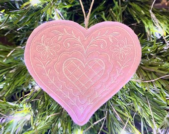 Pink & White Heart Ornament Embroidered on Felt. Valentines Day Decor or Gift Tag.