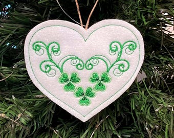 St. Patrick's Day Ornament. Shamrocks and Vines on a Heart Shaped Ornament Embroidered on White Felt with 3 Shades of Green Threads.