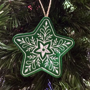 Christmas Star Ornament Embroidered on Dark Green Felt with White Thread. Elegant Holiday Decor/Gift Tag with Intricate, Iced Cookie Design.