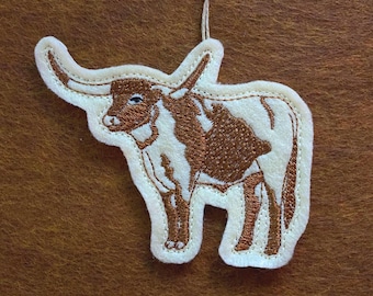 Texas Longhorn Steer Ornament Embroidered on Cream Felt with Brown Thread. Cattle Rancher Gift.