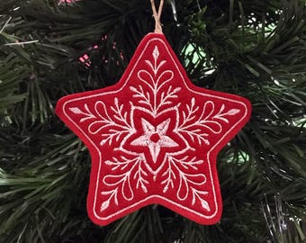 Red and White Star Ornament Embroidered on Felt.