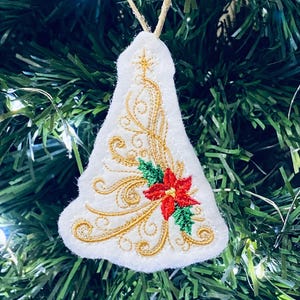 Mini Christmas Tree Ornament with Gold Swirls and Red Poinsettia Embroidered on White Felt. Complements an Elegant, Sophisticated Aesthetic.