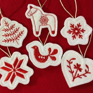 Mini Scandinavian Ornament Set Embroidered on White Felt with Red Thread.