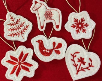 Mini Scandinavian Ornament Set Embroidered on White Felt with Red Thread.