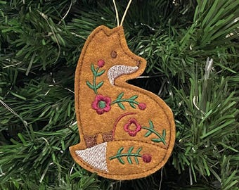 Swedish Folk Art Fox Ornament. Nordic Fox Embroidered on Reddish Brown Felt with Dark Brown, Deep Green and Dark Pink Threads. Woodland Gift