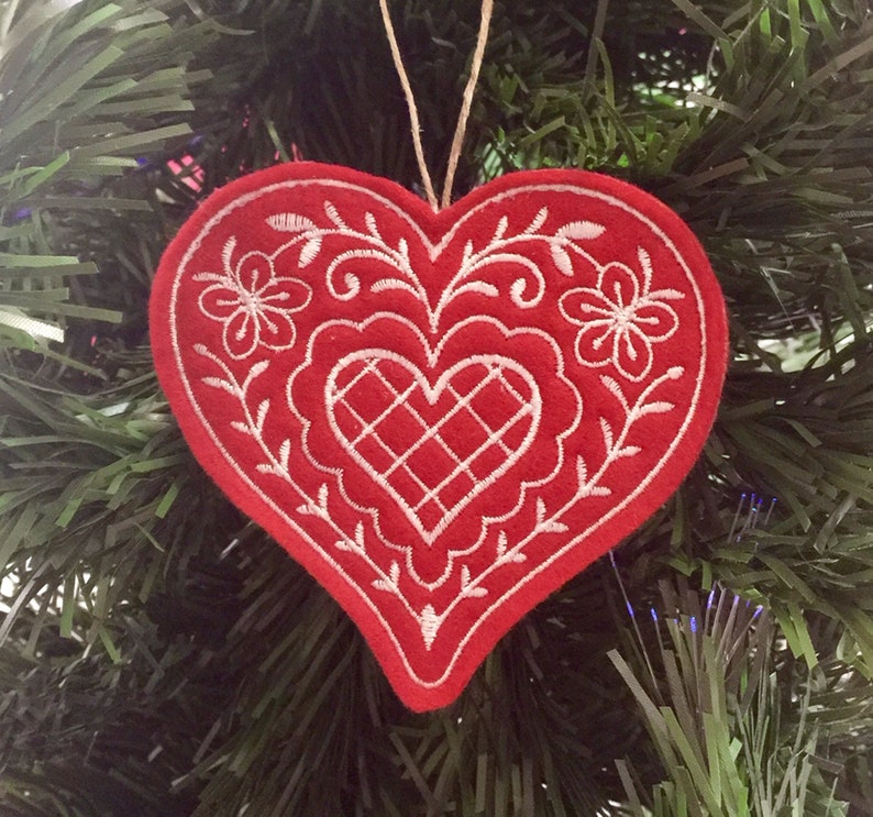 Red and White Heart Ornament Embroidered on Felt. image 1