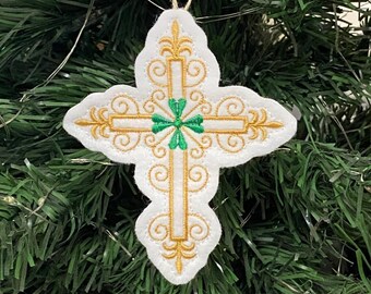 St. Patrick's Day Cross Ornament Embroidered on White Felt with a Gold Cross and a Green 4 Leaf Clover.