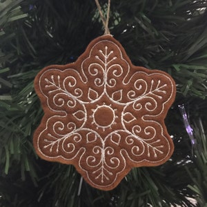 Set of 9 Dark Gingerbread Christmas Cookie Ornaments. Felt Gingerbread Cookies with White Embroidered Icing Designs and Twine Hanging Loops. image 5