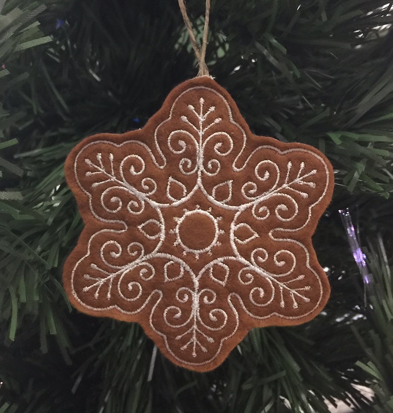 Set of 9 Dark Gingerbread Christmas Cookie Ornaments. Felt Gingerbread Cookies with White Embroidered Icing Designs and Twine Hanging Loops. image 5