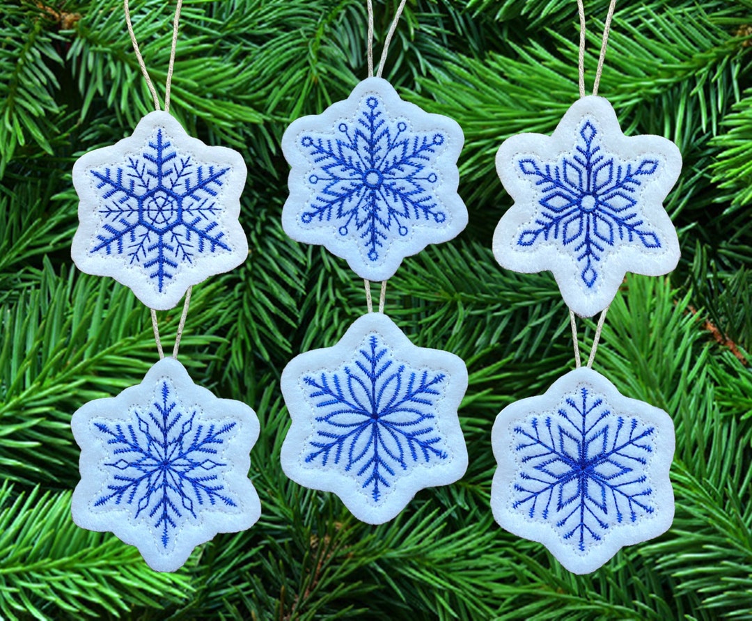 Mini Snowflake Ornaments Embroidered on White Felt With Blue Thread