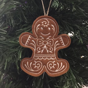 Set of 9 Dark Gingerbread Christmas Cookie Ornaments. Felt Gingerbread Cookies with White Embroidered Icing Designs and Twine Hanging Loops. image 3