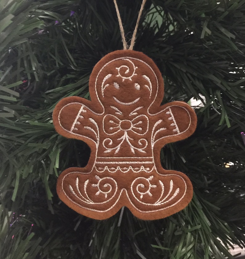 Set of 9 Dark Gingerbread Christmas Cookie Ornaments. Felt Gingerbread Cookies with White Embroidered Icing Designs and Twine Hanging Loops. image 3