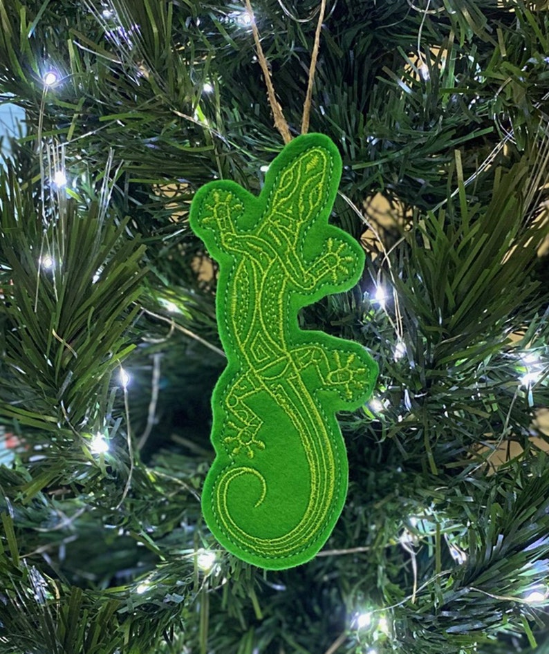 Gecko Lizard Ornament Embroidered on Apple Green Felt with a Medium Green Thread. Southwest Gecko is 5.75 Long by 2.35 Wide. image 1
