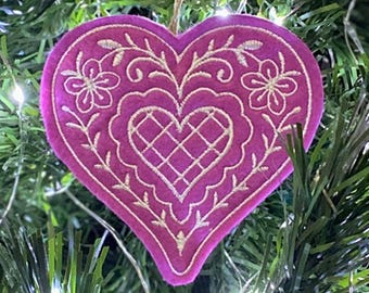 Fuchsia & White Heart Ornament Embroidered on Felt. Beautiful Heart Gift Tag.