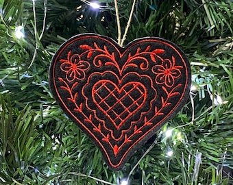 Black and Red Heart Ornament Embroidered on Felt. Valentines Day Decor or Gift Tag.