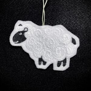 Curly Haired Sheep Ornament Embroidered on White Felt with White and Black Threads. Gift for Spinner, Knitter, Crocheter, or Farmer.