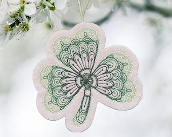 St. Patrick's Day Irish Shamrock Ornament Embroidered with 3 Thread Colors on White Felt.