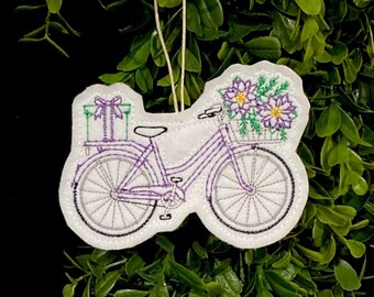 Purple Bicycle Ornament with Basket of Flowers in Front and Gift on Back. Embroidered on White Felt with Purple Thread. Birthday Party Decor