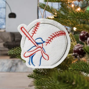 Baseball Ornament with Batter Embroidered on White Felt with Red, Blue and Silver Threads. Gift for Player, Coach, Ref or Basball Fan!