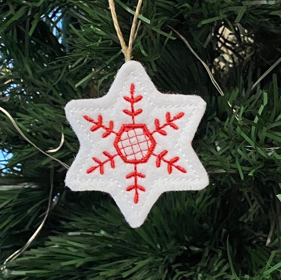 Mini Snowflake Ornaments Embroidered on White Felt With Blue Thread. Sold  as a Set or Individually. Winter Wonderland Snowflake Gift Tags. 