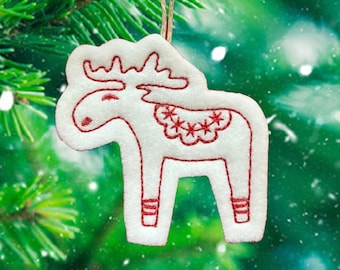 Mini Scandinavian Moose Ornament Embroidered on White Felt with Red Thread. Nordic Moose Gift Tag.