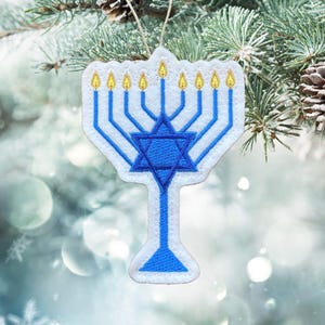 Menorah Ornament with Star of David Embroidered on White Felt with Blue, Yellow and Gold Threads. Gift for Hanukkah.