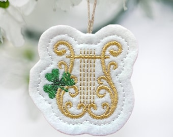 Mini St. Patrick's Day Harp with Shamrock Ornament Embroidered on White Felt with Gold and Green Threads. Elegant Irish Holiday Decoration.