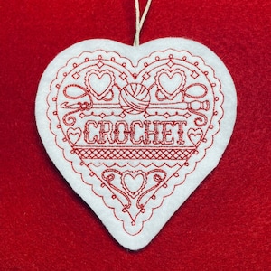 Heart with CROCHET, and Hook and Yarn Ornament Embroidered on White Felt with Blue Thread. Crochet Lover Gift for Grandma, Mom, Aunt, Sister
