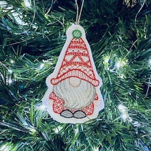 Gnome Boy With Nordic Hat and Light Gray Beard Embroidered on White Felt with Red, Green and Black Threads. Gnome Boy Gift Tag or Ornament.