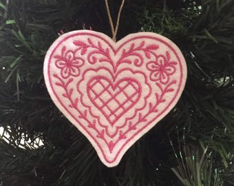 White & Candy Pink Heart Ornament Embroidered on Felt. Valentines Day Decor or Gift Tag.